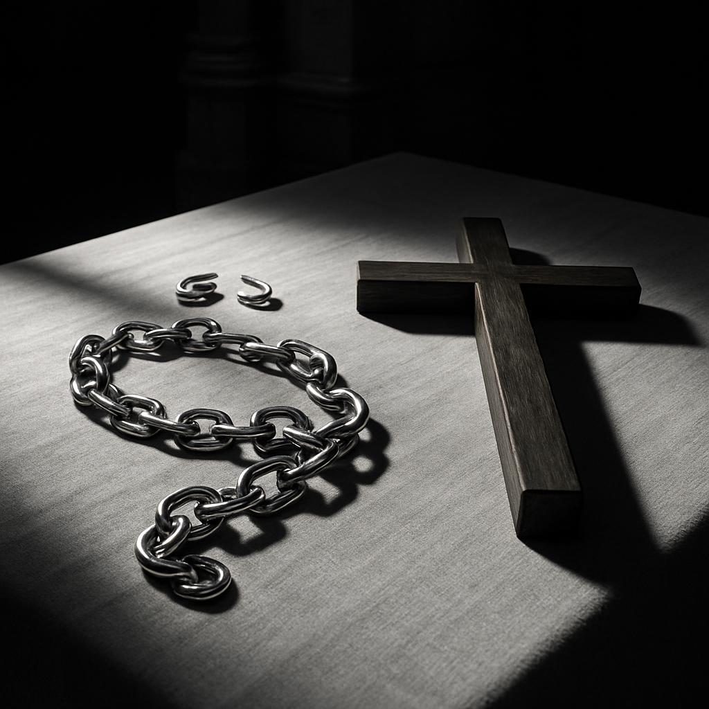 A collection of metal chains and a wooden cross rests on a fabric cloth, casting a shadow against a dark background, evoke...