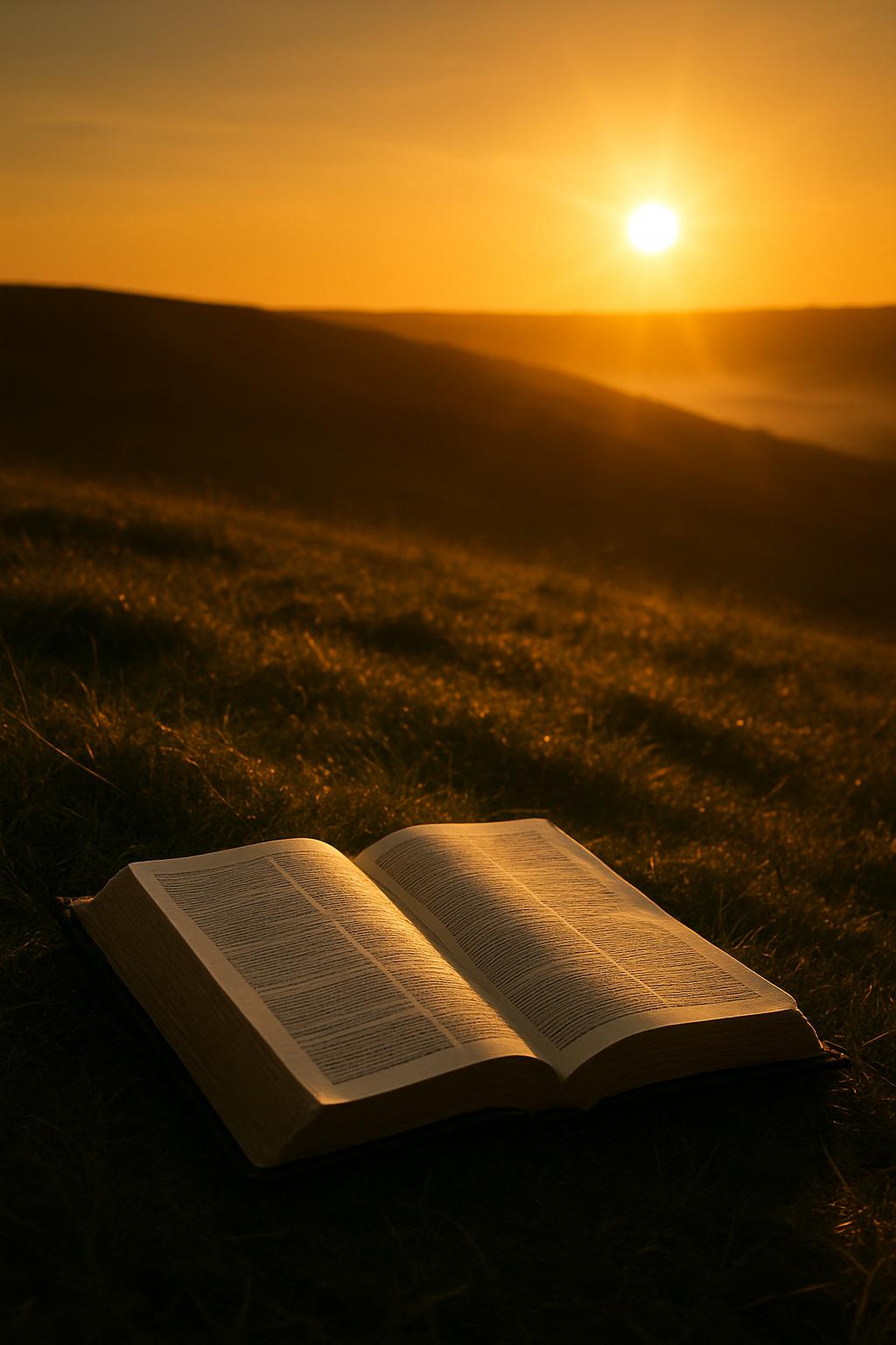 An open Bible in silhouette, resting in a dark field beneath a bright, low sun.