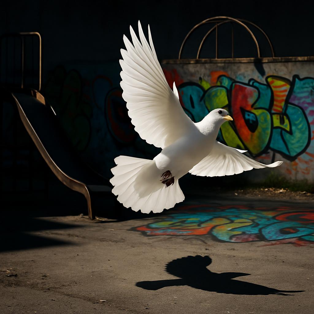 In an abandoned playground with graffitied walls, a white dove takes flight, its shadow cast on the ground. An open bench ...